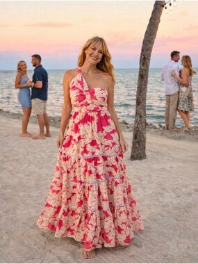 BEAUTIFUL Southern Frock One-Shoulder Maxi Dress – Pink Tropical Print, Resort
